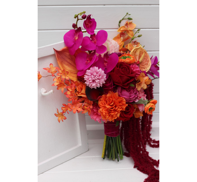 Alternative Diagonal Bridal Bouquet in Orange, Magenta and Pink, Red