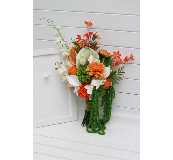 Asymmetrical bridal bouquet in white, green and orange with amaranth