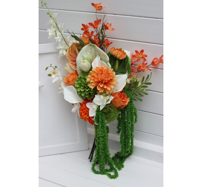 Asymmetrical bridal bouquet in white, green and orange with amaranth