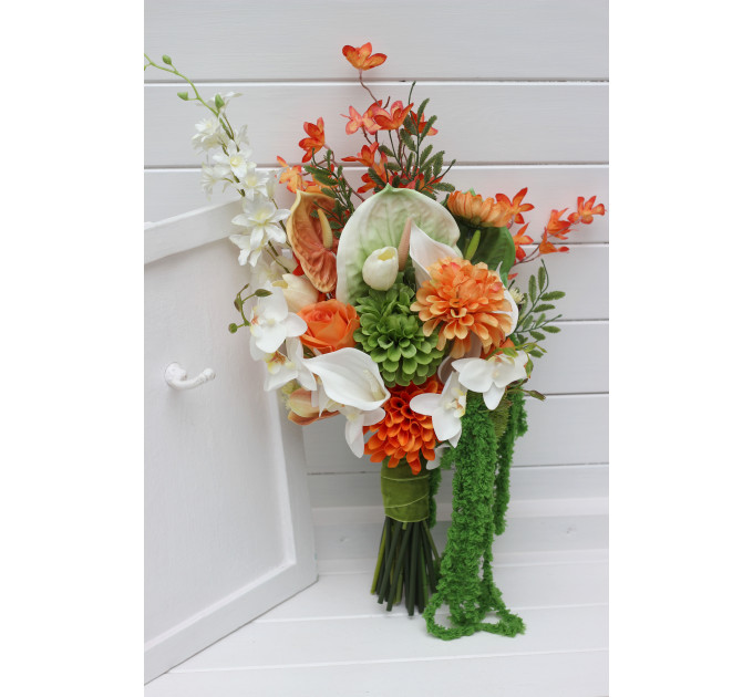 Asymmetrical bridal bouquet in white, green and orange with amaranth