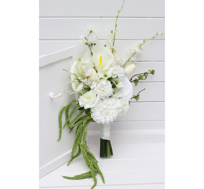 Modern asymmetrical bridal bouquet in white with cascading amaranth