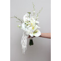 Asymmetrical bridal bouquet in white and ivory with amaranth