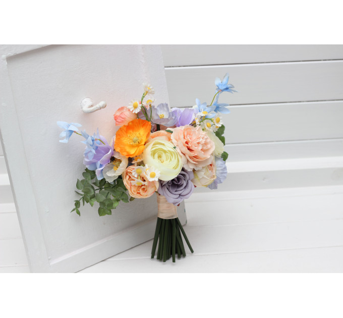 Colorful Faux Bridal Bouquet – Peach, Dusty Blue, Ivory & Orange Bridesmaid Bouquet