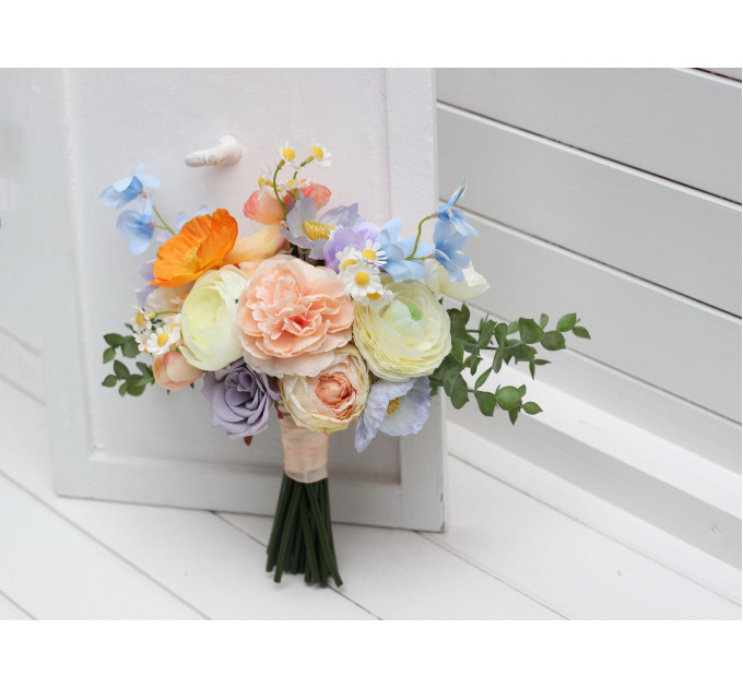Colorful Faux Bridal Bouquet – Peach, Dusty Blue, Ivory & Orange Bridesmaid Bouquet