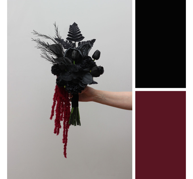 Asymmetrical black wedding bouquet with burgundy amaranth