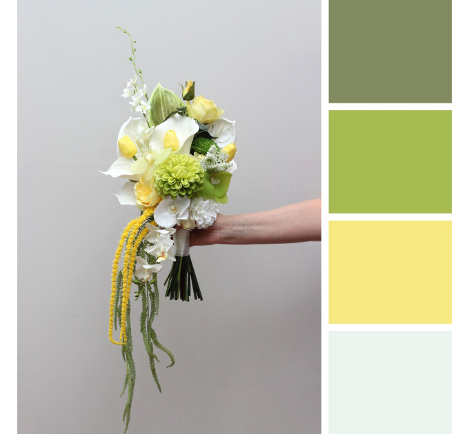 Romantic Bridal Bouquet in White and Yellow with Cascading Amaranth