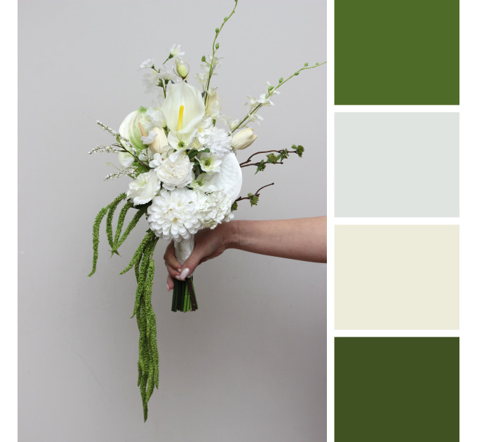 Modern asymmetrical bridal bouquet in white with cascading amaranth