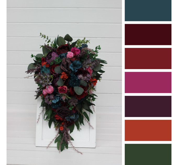 Jewel Tone Wedding Cascading Bouquet In Purple Red Magenta Burgundy Teal Rust