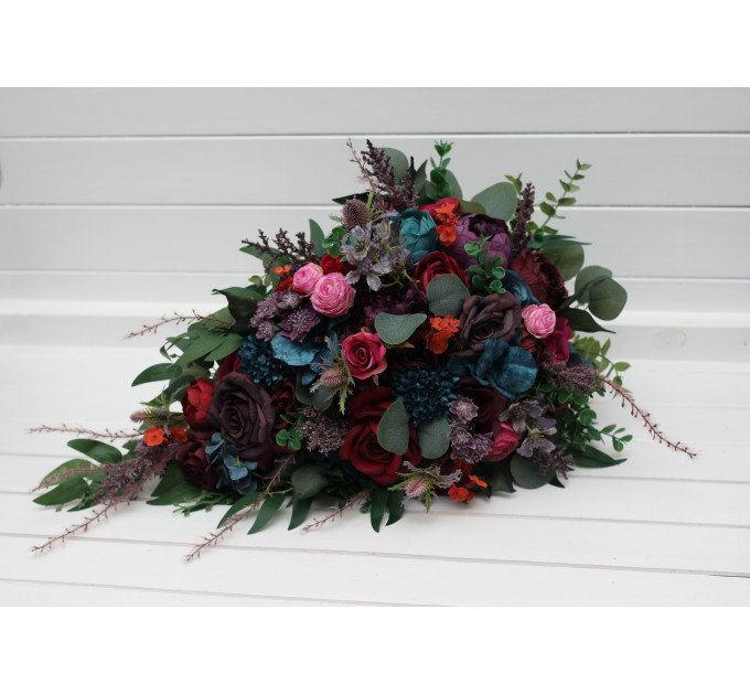 Jewel Tone Wedding Cascading Bouquet In Purple Red Magenta Burgundy Teal Rust