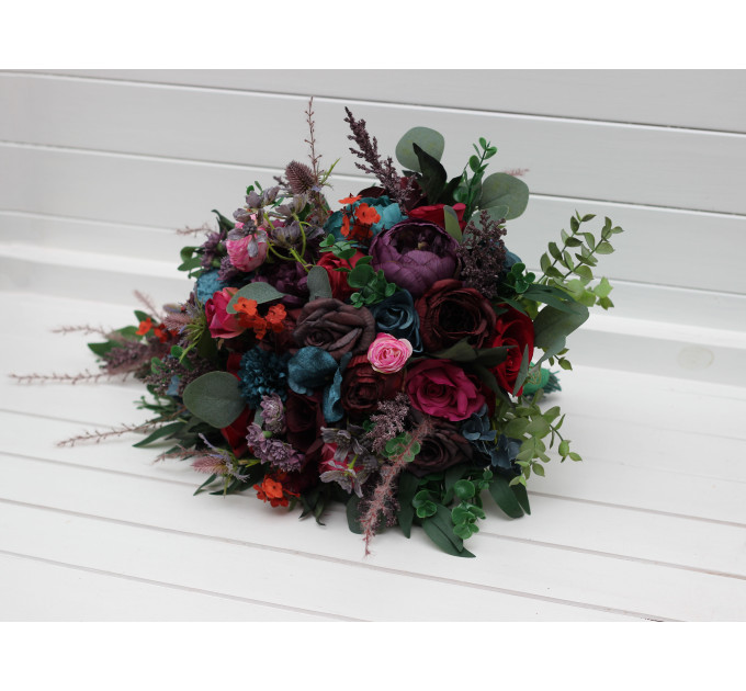 Jewel Tone Wedding Cascading Bouquet In Purple Red Magenta Burgundy Teal Rust