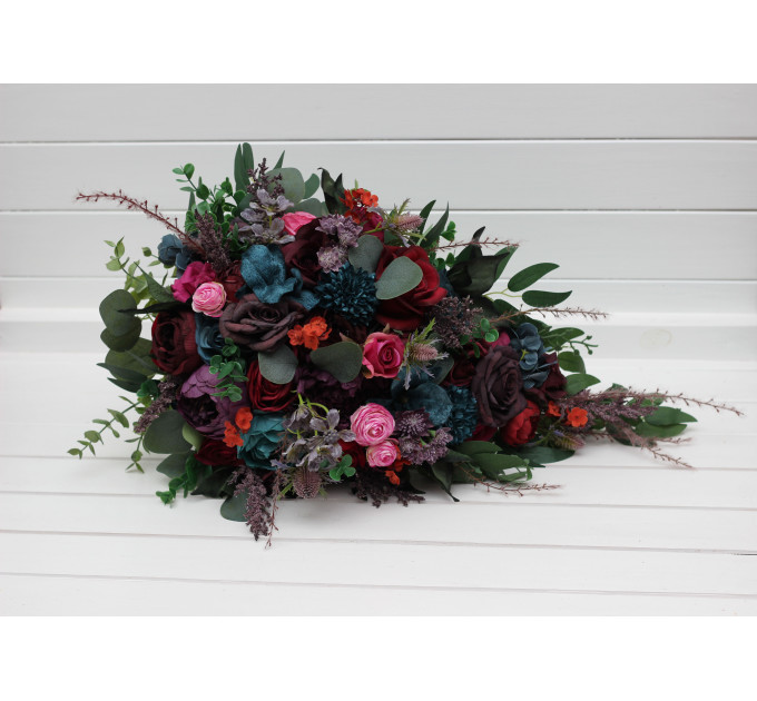 Jewel Tone Wedding Cascading Bouquet In Purple Red Magenta Burgundy Teal Rust