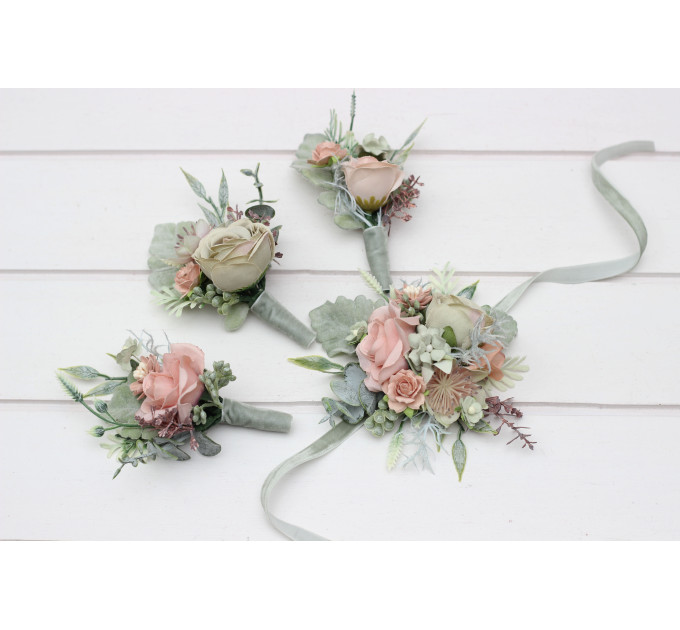 Boutonnieres in Sage Green and Dusty Rose for Wedding