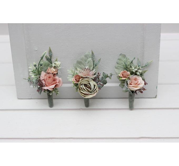 Boutonnieres in Sage Green and Dusty Rose for Wedding