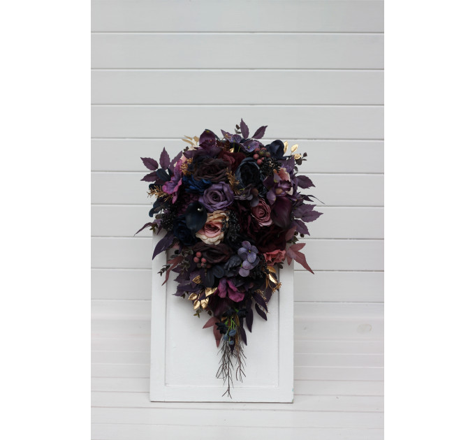 Cascading Bridal Bouquet in Purple, Mauve, Gold and Navy Blue