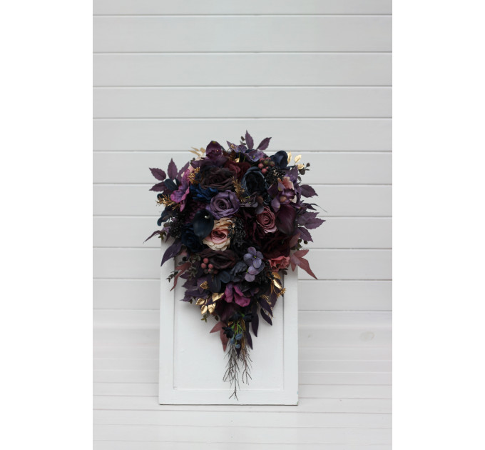 Cascading Bridal Bouquet in Purple, Mauve, Gold and Navy Blue
