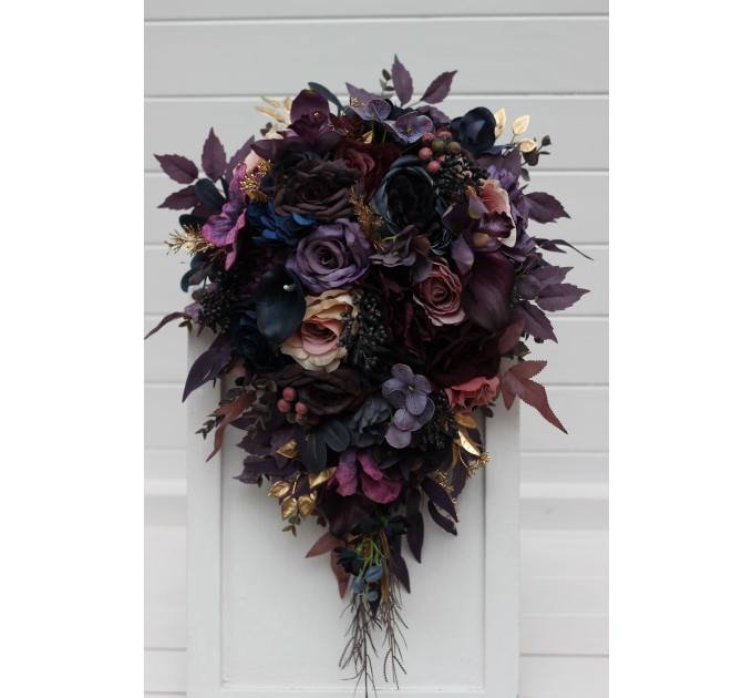 Cascading Bridal Bouquet in Purple, Mauve, Gold and Navy Blue