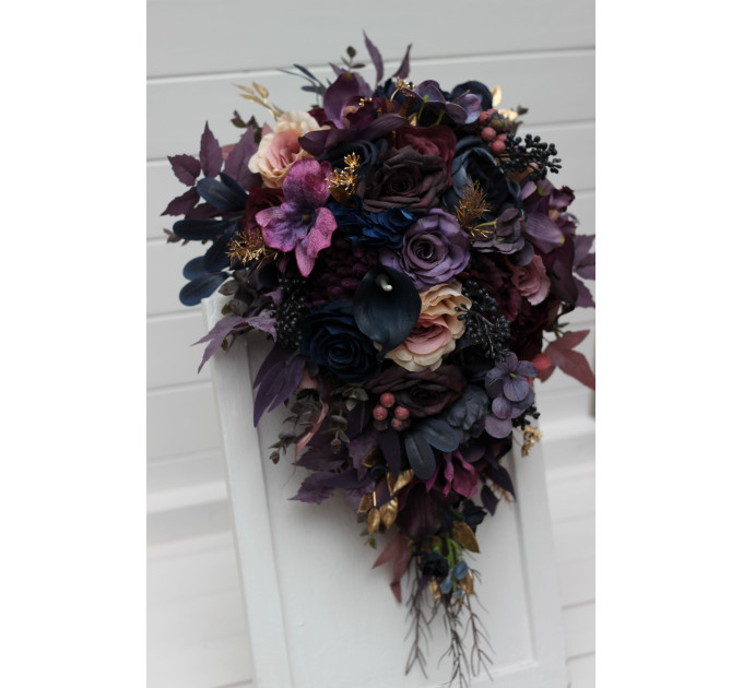 Cascading Bridal Bouquet in Purple, Mauve, Gold and Navy Blue