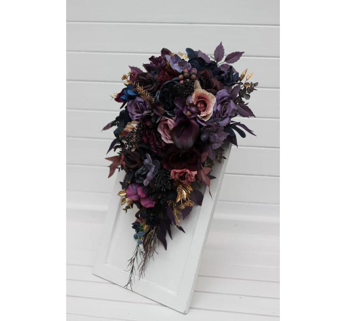Cascading Bridal Bouquet in Purple, Mauve, Gold and Navy Blue