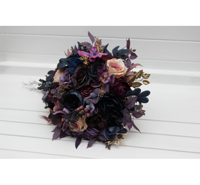 Cascading Bridal Bouquet in Purple, Mauve, Gold and Navy Blue