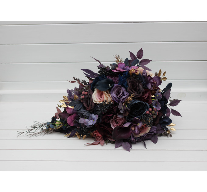 Cascading Bridal Bouquet in Purple, Mauve, Gold and Navy Blue