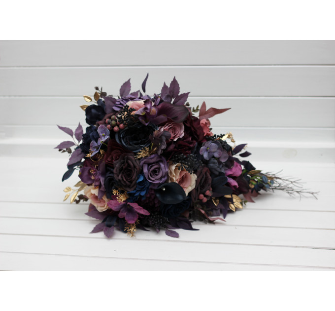 Cascading Bridal Bouquet in Purple, Mauve, Gold and Navy Blue