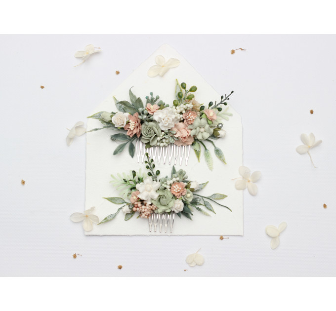 Wedding Hair Combs in Sage Green and Blush Pink