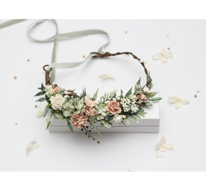 Wedding Hair Wreath in Sage Green and Blush Pink