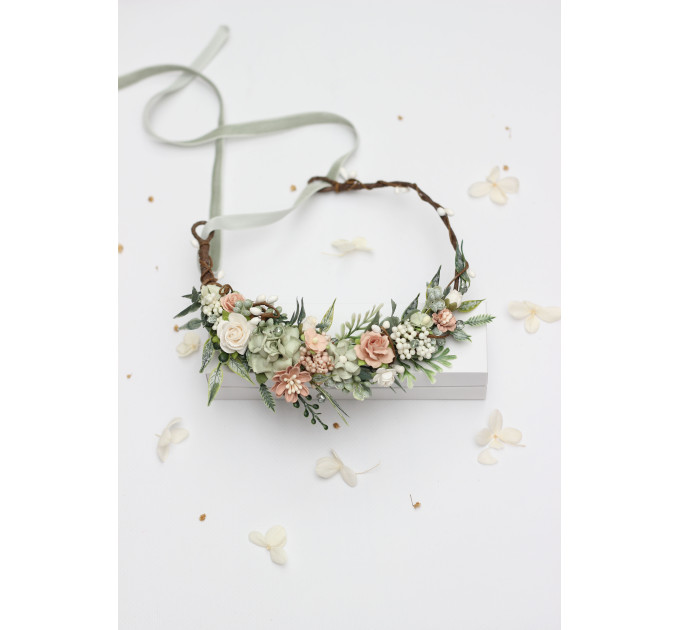 Wedding Hair Wreath in Sage Green and Blush Pink