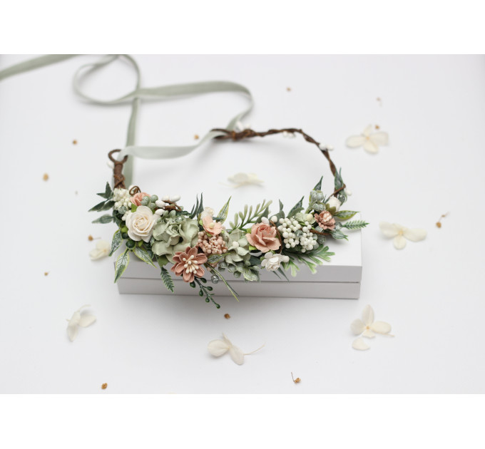 Wedding Hair Wreath in Sage Green and Blush Pink