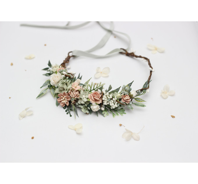 Wedding Hair Wreath in Sage Green and Blush Pink
