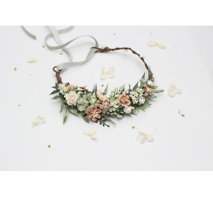 Wedding Hair Wreath in Sage Green and Blush Pink