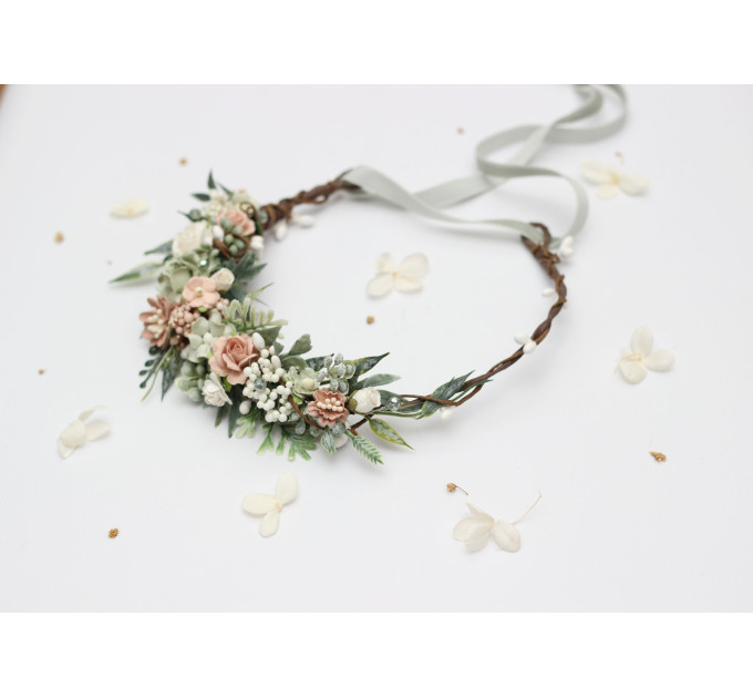 Wedding Hair Wreath in Sage Green and Blush Pink