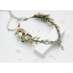 Sage Green & Blush Pink Flower Circlet, Elven Floral Crown. 5423