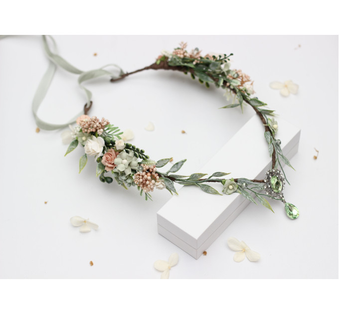 Elven Flower Circlet in Sage Green and Blush Pink
