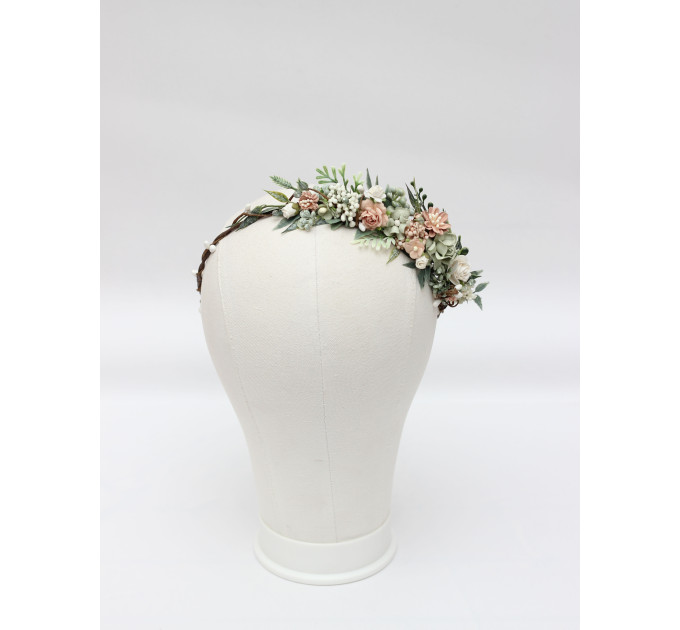 Wedding Hair Wreath in Sage Green and Blush Pink