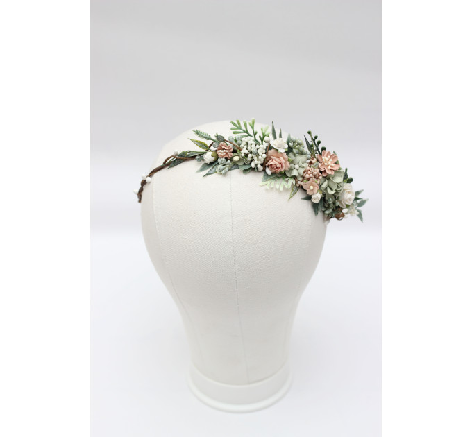 Wedding Hair Wreath in Sage Green and Blush Pink