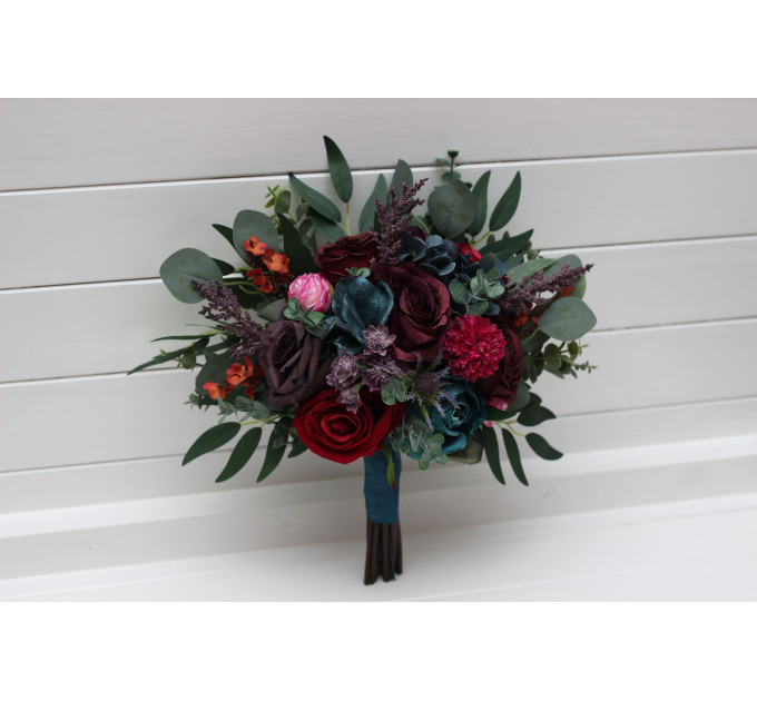 Jewel Tone Wedding Cascading Bouquet In Purple Red Magenta Burgundy Teal Rust