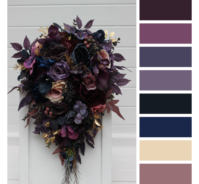 Cascading Bridal Bouquet in Purple, Mauve, Gold and Navy Blue