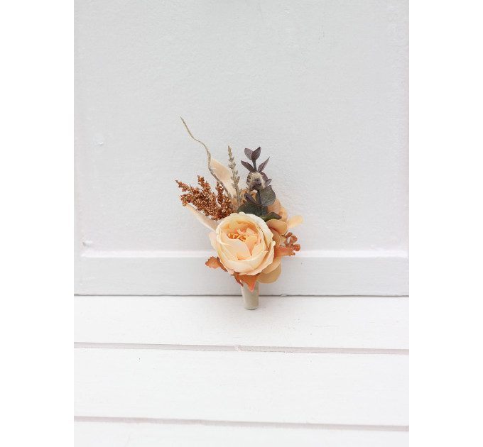 Rust Orange & Peach Floral Boutonniere for Groom and Groomsmen