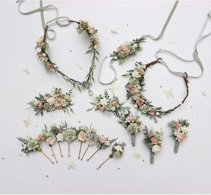 Wedding Boutonnieres in Sage Green and Blush Pink