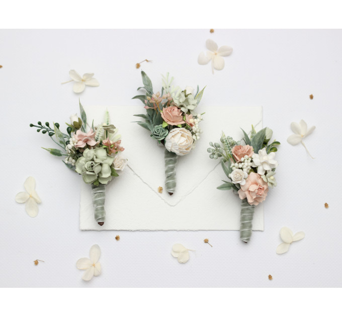 Wedding Boutonnieres in Sage Green and Blush Pink