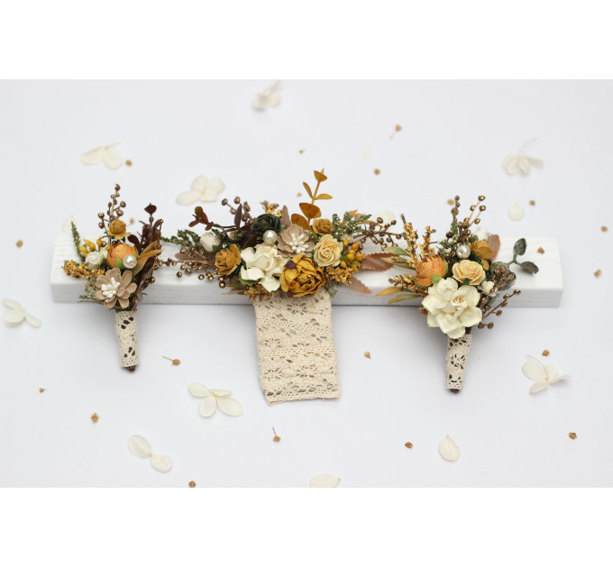 Wedding Boutonnieres in Mustard, Gold, Ivory and Yellow.