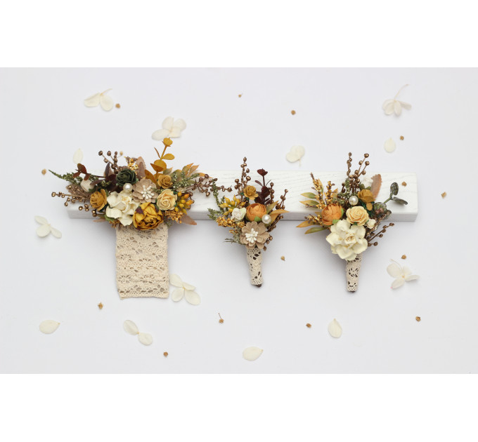 Wedding Boutonnieres in Mustard, Gold, Ivory and Yellow.