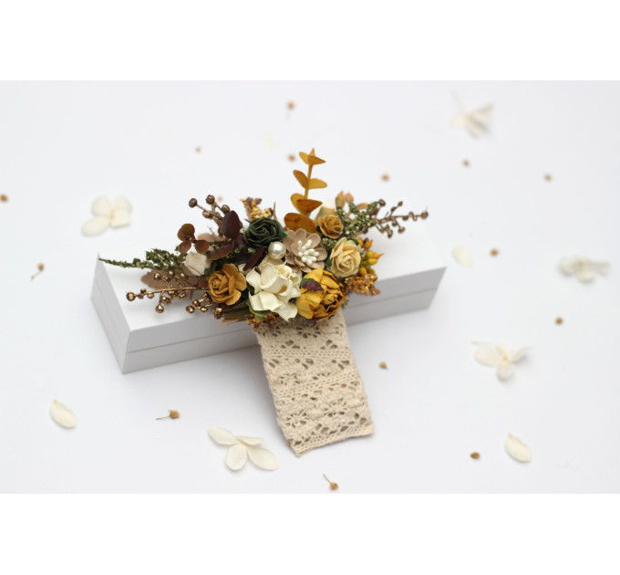 Wedding Boutonnieres in Mustard, Gold, Ivory and Yellow.