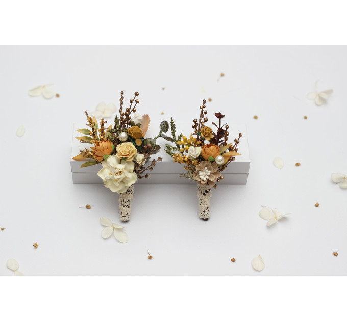 Wedding Boutonnieres in Mustard, Gold, Ivory and Yellow.