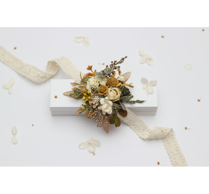 Wedding Corsage Bracelet in Mustard, Gold, Ivory and Yellow