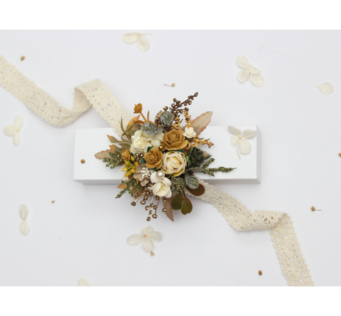 Wedding Corsage Bracelet in Mustard, Gold, Ivory and Yellow