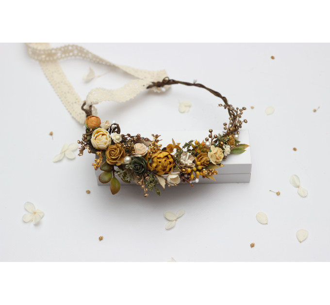 Wedding Flower Crown in Mustard, Gold, Ivory and Yellow