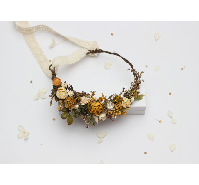 Wedding Flower Crown in Mustard, Gold, Ivory and Yellow Wedding Flower Crown in Mustard, Gold, Ivory and Yellow
