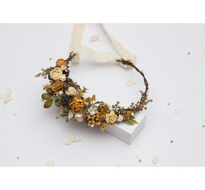 Wedding Flower Crown in Mustard, Gold, Ivory and Yellow